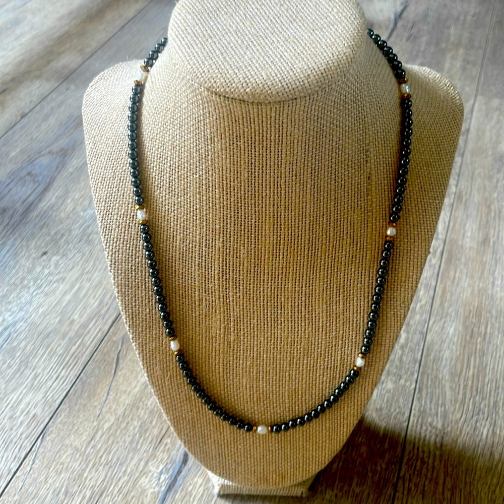 Grey Hematite & pearl necklace 20”